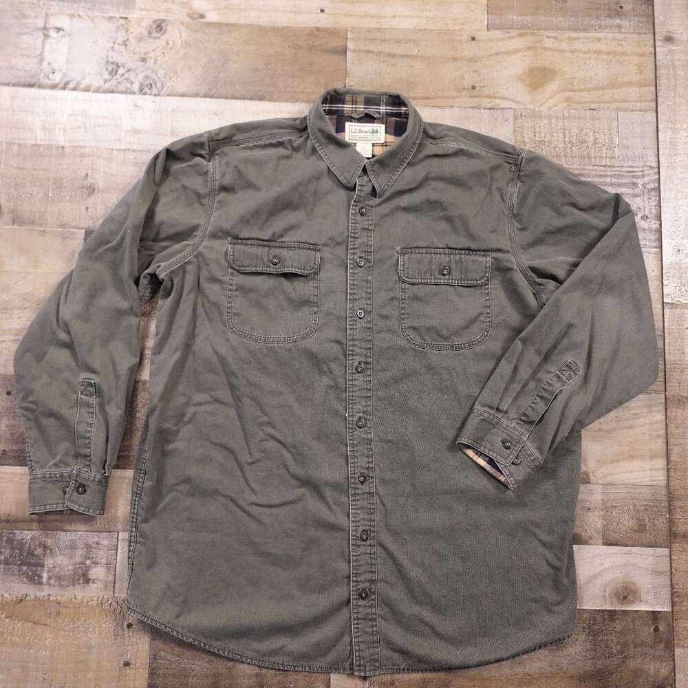 L.L. Bean Flannel-Lined Chamois Shirt Jacket Men's XL Tall Green‎